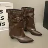 Botas de Punta Finas de Media Caña para Mujer, Estilo Nuevo 2026, Tacón Grueso Retro, Versátiles para Primavera y Otoño, Botas Vaqueras Occidentales con Hebilla de Cinturón