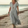 Vestido de mujer de color liso, cuello en V, ajuste holgado, imitación de algodón, comercio exterior transfronterizo europeo y americano, sitio independiente Amazon Wish