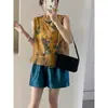 Chaleco Camisa de Malla con Estampado Irregular, Botones, Volantes y Cuello Alto, Estilo Chino Nuevo, 26 Estilos de Gama Alta, para Mujer