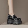 Mocasines de cuero con suela gruesa y tacón de bloque para mujer, nuevos de primavera 2025, charol impermeable, plataforma, zapatos de cuero sencillos, punta redonda, zapatos de plataforma, moda