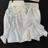 Pijama de Algodón Laminado con Aire y Mangas Largas Estilo Palacio para Mujer en Primavera y Otoño Cuello Cuadrado Dulce Borde de Encaje Ropa de Casa Cálida
