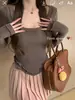 Sexy Puro Deseo Cuello en U Manga Larga Capa Base Irregular Camiseta de Manga Larga Corta para Mujer Otoño Top Base Adelgazante para Mujer