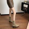 2024 Novas Botas Chelsea de Camurça Marrom Cano Médio Botas Plissadas Bico Fino Salto Grosso Botas Curtas Femininas Outono e Inverno