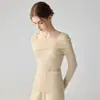 Novo top de malha 100% caxemira pura ombro a ombro para outono e inverno para mulheres, camisa base de design elegante francês