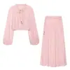 Top de chifon transfronteiriço de comércio exterior com gola franzida e mangas bufantes com detalhe de amarração + saia longa de chifon de cintura alta com amarração lateral e barra completa