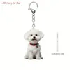 Chaveiro acrílico 2D plano fofo de Bichon Frisé branco, adequado para decoração de bolsa e chave de carro, ideal