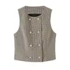 Atacado de fabricante de roupas femininas transfronteiriço 2026 conjunto moderno de colete curto xadrez pied-de-poule estilo europeu e americano com cinto e calça comprida