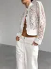 Coleção outono 2026 europeia e americana transfronteiriça: gola alta, botão de nó chinês, design vazado, estampa floral sexy, camisa cardigã de renda