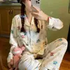 Pijama de Mujer de Moda para Primavera y Otoño, Algodón Burbuja de Manga Larga y Pantalones, Conjunto de Ropa para Casa tipo Cárdigan para Chica Dulce
