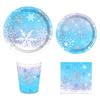 MM210 Vajilla para fiesta navideña de invierno con copos de nieve azules, 8 personas, 4 piezas, plato de papel, toalla de papel, vaso de papel