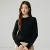 Suéter de gola redonda com ombro regular, fio duplo espesso, malha 7, 100% caxemira pura, feminino, camada base versátil, estilo simples