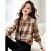 Jaqueta xadrez escovado vintage de comércio exterior para mulheres 2026 outono cor-bloqueada lapela manga longa solta blusa feminina