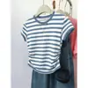 2026 Nueva Camiseta de Rayas de Manga Corta para Mujer, Cuello Redondo, Adelgazante, Versátil para Verano, Top de Punto Color Block