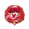Pulseira Europeia e Americana de Dia dos Namorados com Múltiplas Camadas e Diamantes, Pingente de Coração Vermelho, Pulseira Elástica com Contas de Cerâmica Soft