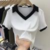 Camiseta de cuello en V con contraste de color para mujer, novedad de verano 2024, estilo académico, camiseta ajustada corta que combina con todo, camiseta de comercio exterior