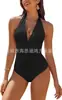 Aliexpress Amazon Popular Transfronterizo Europeo y Americano Multicolor Cuello en V Cubre Piel Espalda Fruncida Aspecto Adelgazante Traje de Baño de Una Pieza para Mujer