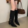 Botas de Gamuza Puntiagudas con Pliegues y Pelo para Mujer 2025 Otoño e Invierno Nuevo Estilo Desmontables de Dos Usos Botas de Tacón de Aguja Botas Cortas de Tacón Alto
