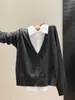 Cardigã de Tricô Estilo Coreano 2026 Novo Look da Moda Camisa Falsa de Duas Peças Design Patchwork Suéter A14642