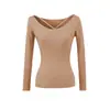 Camiseta de Punto Base de Manga Larga con Cuello en U, Estilo Puro Deseo, Otoño/Invierno, Uso Bidireccional para Mujer, Corte Ajustado, Escote Amplio, Top de Chica Atrevida