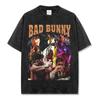 Camiseta de Manga Curta High Street Hip-Hop Retro Transfronteiriça com Estampa Bad Bunny Hip-Hop Americano Gola Pequena Pesada de Marca Tendência