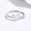 Anillo de Orejas de Conejo de Plata 925 con Perla de Agua Dulce para Mujer, Anillo Abierto de Nicho de Alta Gama con Circonita, Regalo de Navidad