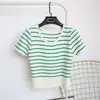 Camiseta de rayas de manga corta para mujer 2024 Verano nuevo cuello redondo suéter de seda de hielo top corto versátil fino