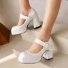 Zapatos de tacón alto para mujer zapatos de comercio exterior hebilla primavera y otoño 48202232 poco profundos charol nuevo suministro blanco grueso