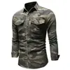 Camisa de Manga Longa Camuflada Masculina Europeia e Americana Estilo Workwear Camisa Jeans Lavada Top Casual Versátil