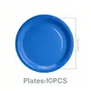 Copos de papel descartáveis de cor sólida de 9 polegadas para casamento transfronteiriço, toalha de mesa de PE, decorações de mesa de sobremesa para festa azul escuro, talheres, garfos, colheres
