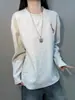 Sudadera Gris Bordada Estilo Americano con Cuello Redondo y Estampado Floral Blanco para Hombre, Camiseta de Manga Larga Gruesa de Forro Polar para Otoño e Invierno, Prenda Base para Pareja