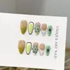 Puntas de uñas hechas a mano de alta calidad con forma de almendra verde, estilo europeo y americano, arte de uñas en relieve 3D pintado a mano, pegatinas para uñas postizas