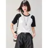 Nova Blusa de Verão Patchwork Gola Redonda Estampada Color Block Manga Raglan Tendência Branca Manga Curta