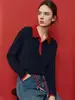 Suéter de malha chic e estiloso com gola polo color block e mangas compridas, suéter moderno trançado de inverno 2026, top macio e fashion
