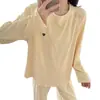 Pijama de forro polar estilo isla para mujer, estilo coreano, diseño simple, forro polar fino, cuello redondo, manga larga, pantalón largo, ropa de estar cálida, adecuado para usar tanto en interiores como en exteriores, para otoño e invierno