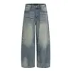 Jeans Americano Retro Lavado Desgastado Casual Solto Perna Larga Calça Dad Tendência Punk de Rua Calça Longa Básica Masculina