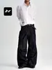Calça Jeans Fengmei Retro Americano Preto Azul para Homens e Mulheres Solta Rebite Fivela Ajustável Tendência Casual Perna Reta Perna Larga