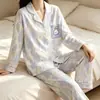 Pijama de Algodão Imitado para Mulheres, Manga Longa e Calça Longa, Cardigã para Primavera e Outono, Estilo Casual Simples de Alta Qualidade, Conjunto de Pijama Plus Size para Mulheres