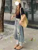 Shorts jeans cropped vintage rasgado plus size para mulheres baixinhas, novo estilo de verão, calça reta larga lavada solta