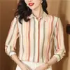 Camisa top de rayas para mujer, manga larga, diseño de verano, sentido de la moda, nicho, retro, seda pesada, camisa de seda de morera, adelgazante para mujer