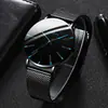 Relógio Masculino de Quartzo com Detalhe Azul Minimalista, Pulseira Ultra-Fina de Metal em Malha, Relógio de Pulso Casual para Negócios