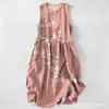 Vestido Casual de Algodão Puro com Estampa Digital Nova, Gola Redonda, Sem Mangas, Comprimento Médio, Para Mulheres, Verão na Praia