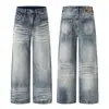 Jeans Denim Vintage Retrô Lavado Americano com Rebites para Homens e Mulheres Reta Solta Tendência Marca Nicho Perna Larga Calças Casuais