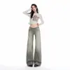 Jeans de pierna recta, tiro bajo, diseño desgastado lavado en color Naranja Juvenil para mujer, corte holgado, adelgazantes, favorecedores, únicos y versátiles, pantalones de largo hasta el suelo