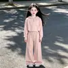 Conjunto Deportivo Rosa Sencillo para Niña Nueva Colección Primavera y Otoño Estilo Coreano para Niños Sudadera con Capucha Pantalones de Pierna Ancha Conjunto de Dos Piezas