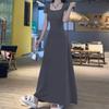 Vestido de Manga Corta Gris de Estilo Suave y Alta Calidad para Mujer Verano Elegante Cintura Ajustada Falda de Cadera Corte Slim Adelgazante Falda Larga