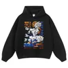 Sudadera con capucha Lavada Retro Desgastada Oversize Corte Holgado Para Fans de Anime Ropa Diaria Casual Streetwear Sudadera con capucha