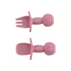 Tenedor y Cuchara de Silicona para Niños Transfronterizos, Cuchara Corta de Silicona de Grado Alimenticio para Suplementos Alimenticios de Bebé, Tenedor y Cuchara con Mango de Madera, Cuchara de Alimentación de Acero Inoxidable