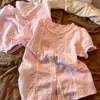 Conjunto de Pijama Rosa Dulce de Encaje Francés para Mujer Verano Cárdigan Manga Corta Pantalones Cortos Conjunto de Ropa para el Hogar
