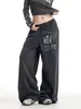 Calça Longa Reta Lavada Estilo Retrô Americano com Estampas da Moda, Caimento Elegante, Corte Amplo Cool, Versátil Casual com Cordão Elástico