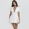 Comércio Exterior Novo Sexy Decote em V Profundo Manga Bufante Laço Branco Saia Curta Cintura Apertada Emagrecimento Vestido Francês Moda Feminina
